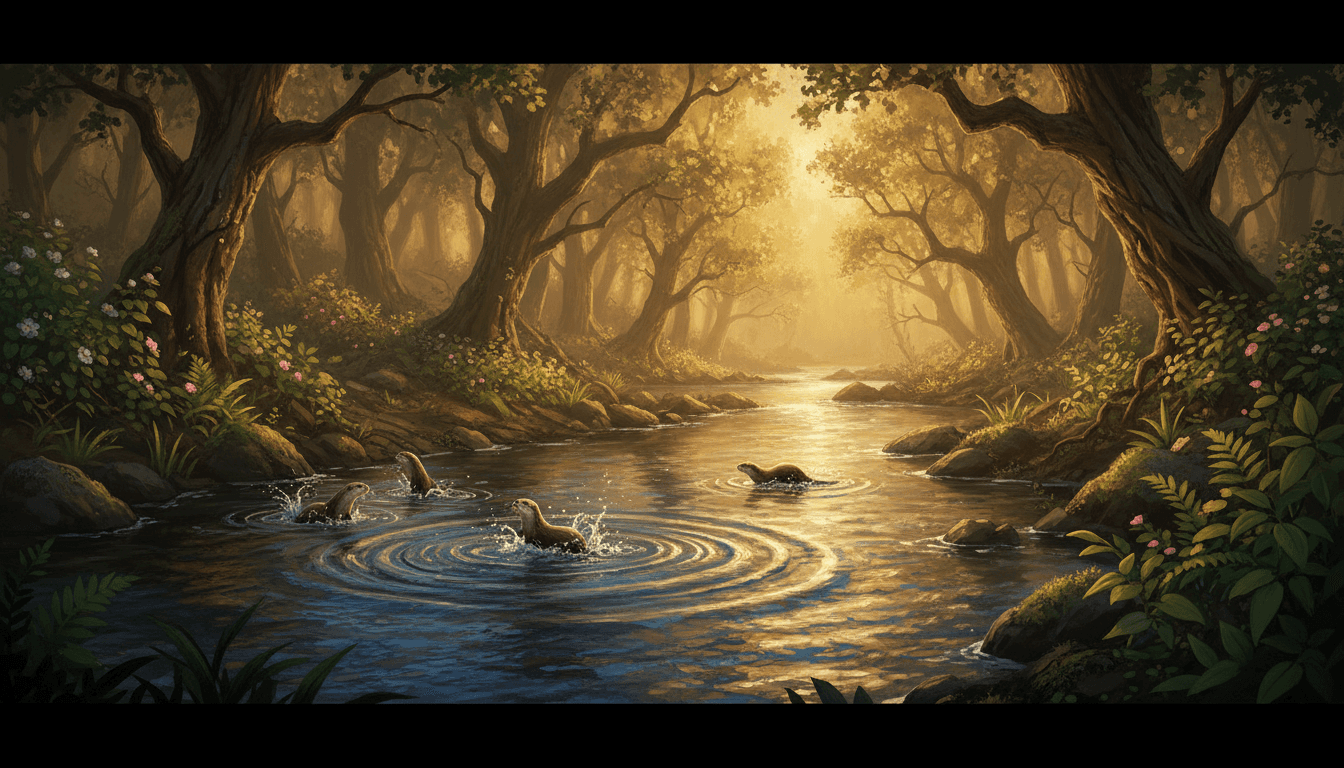 A calm river with otters playing in golden light