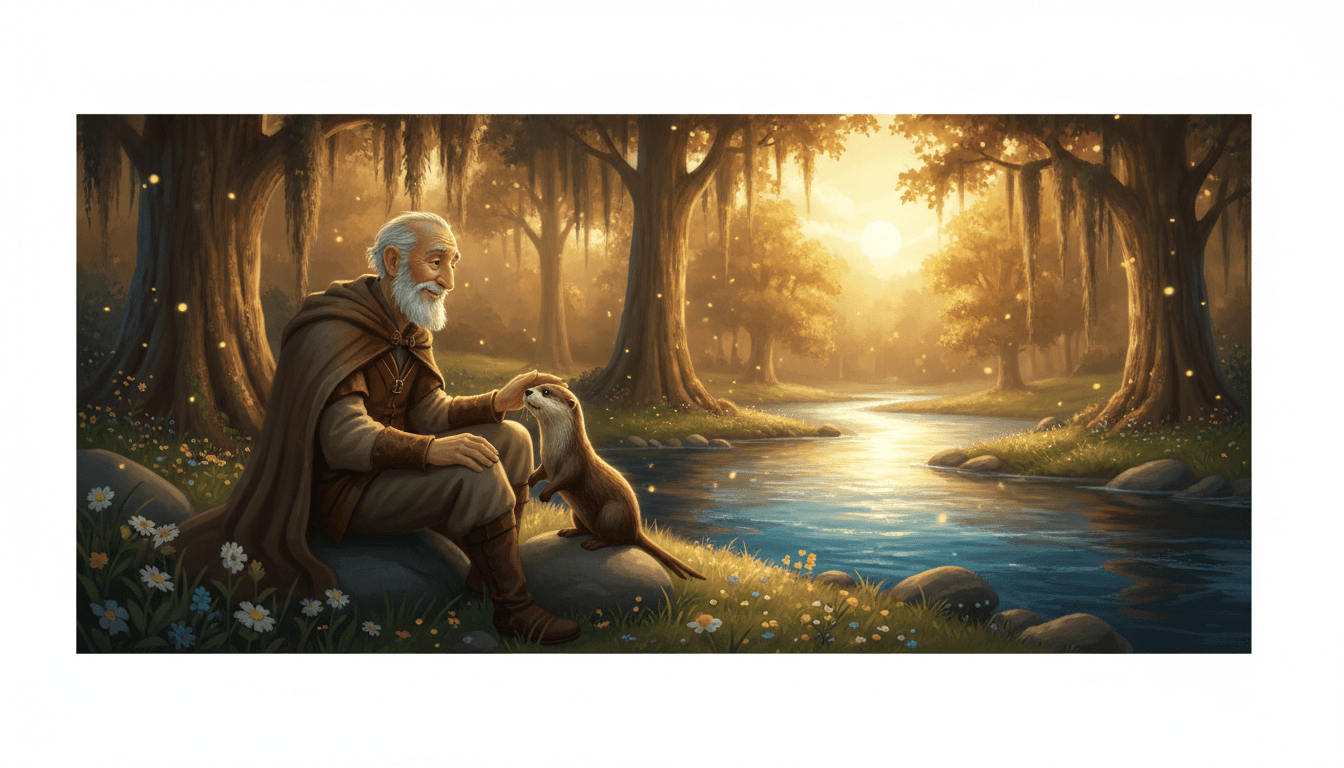 Jesus and a river otter sitting together on a riverbank in warm golden light