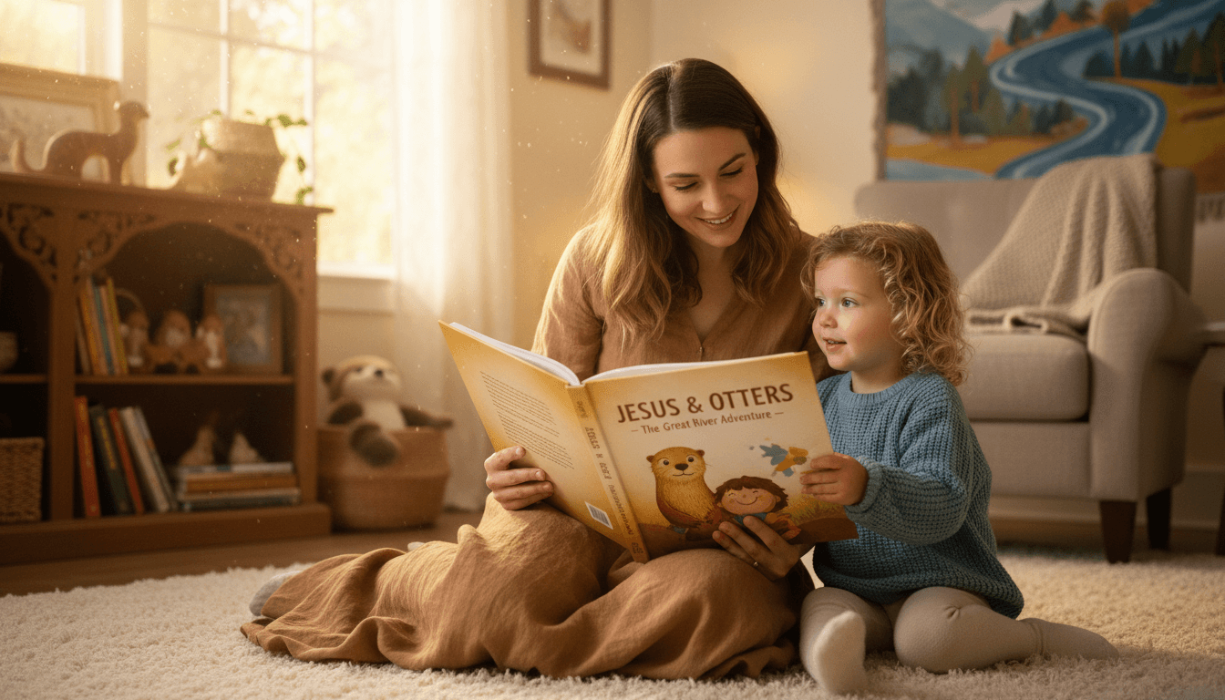 Mother reading a storybook to her young child in cozy, warm window light.