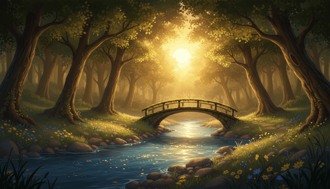 A peaceful riverbank with a small wooden bridge at golden hour