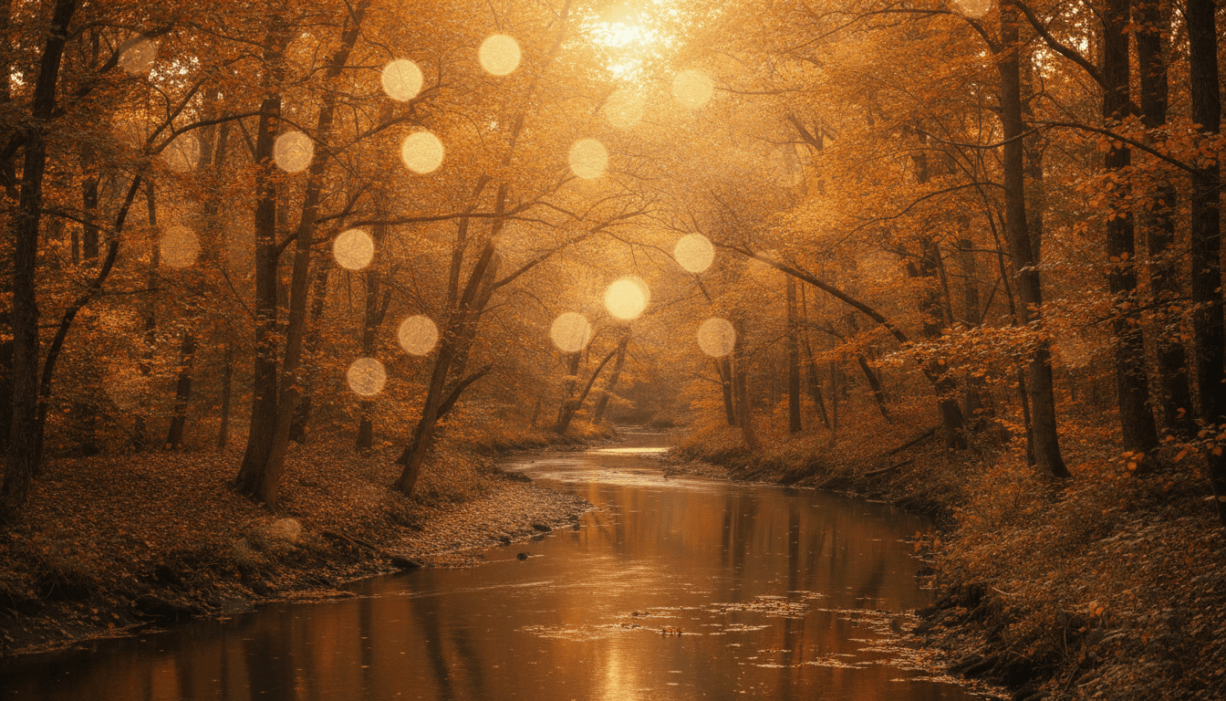 Golden woodland light shining over a calm river with soft bokeh