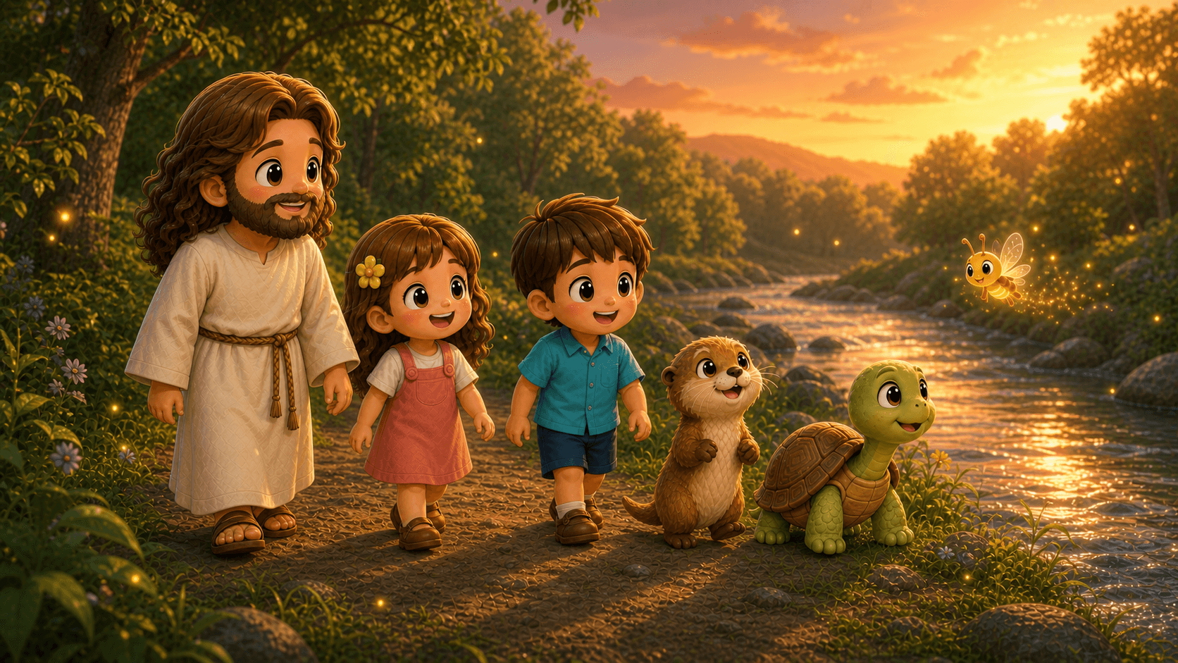 Jesus and two children walk with an otter and turtle along a river at sunset.