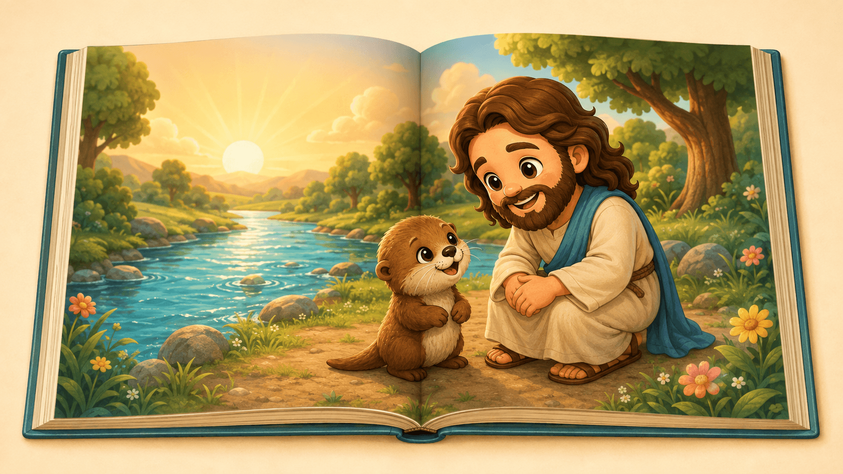Jesus smiling at a cute otter in a sunny river landscape within an open book.