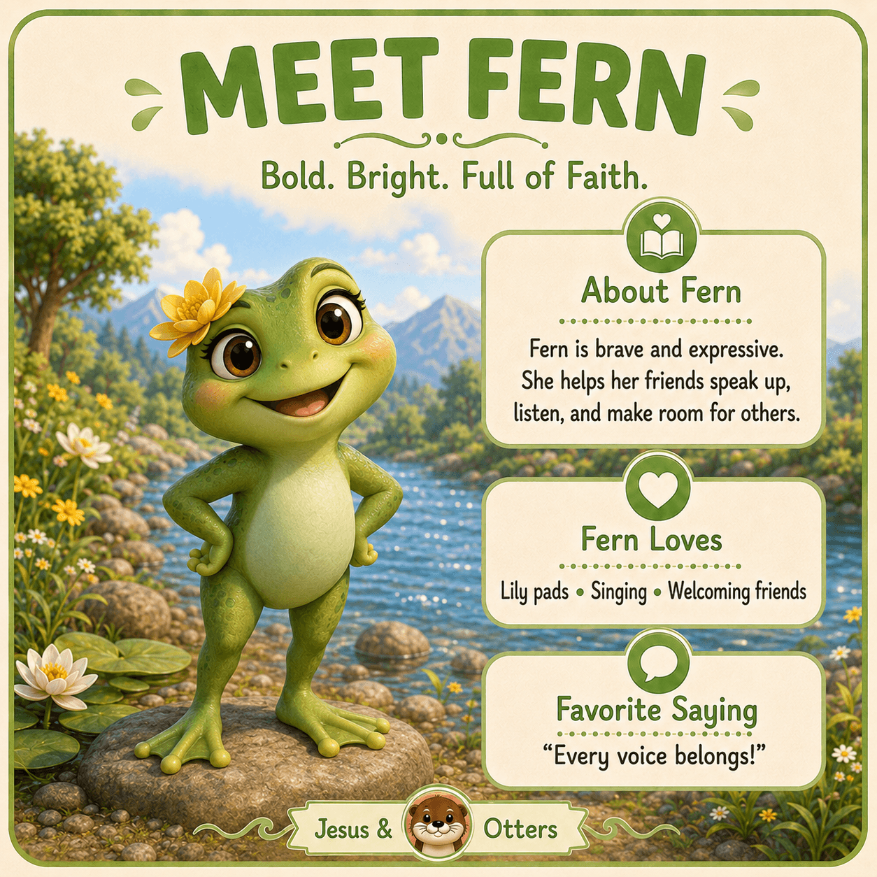 Infographic introducing Fern, a cheerful green frog with a yellow flower, standing by a river.