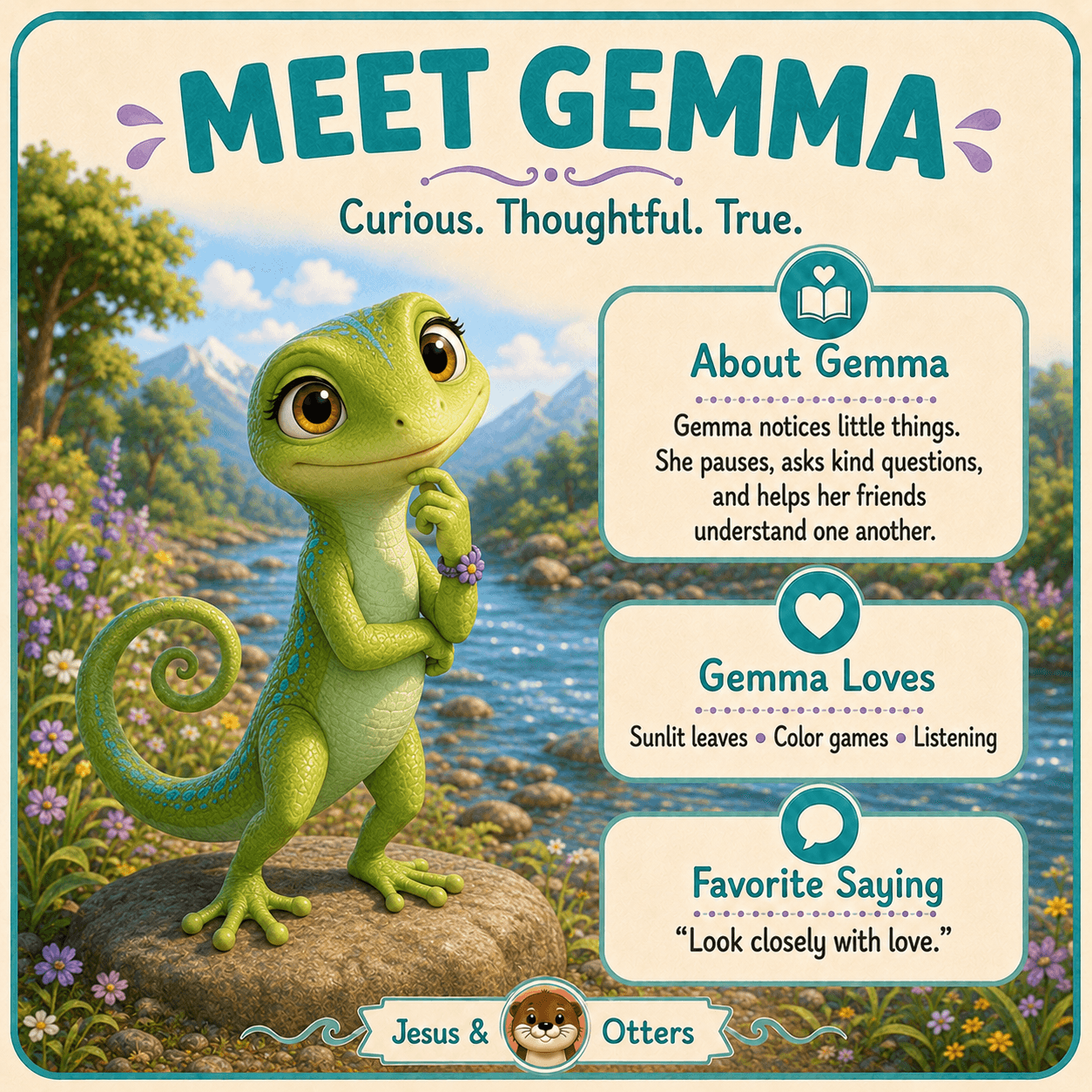 Character profile for Gemma, a thoughtful green gecko, featuring her traits and scenic river background.