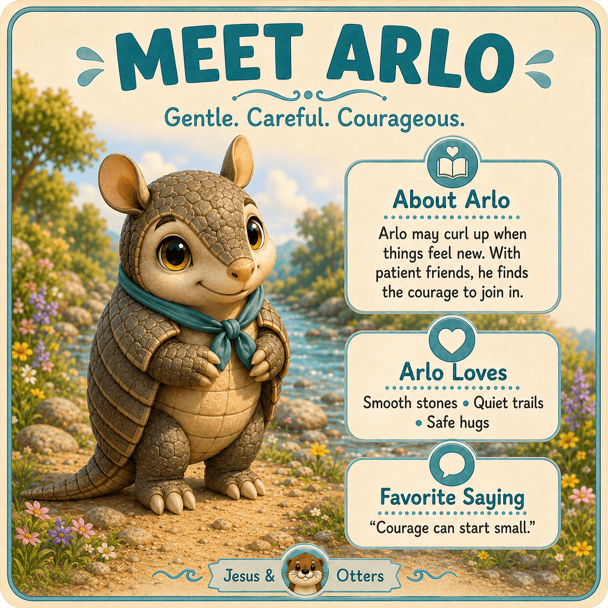 Character profile for Arlo, a gentle cartoon armadillo wearing a teal scarf in nature.