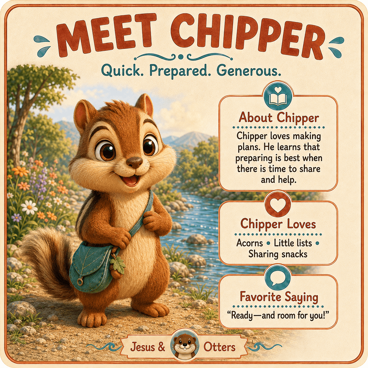 Profile for Chipper the cartoon chipmunk, with text describing his generous personality and loves.