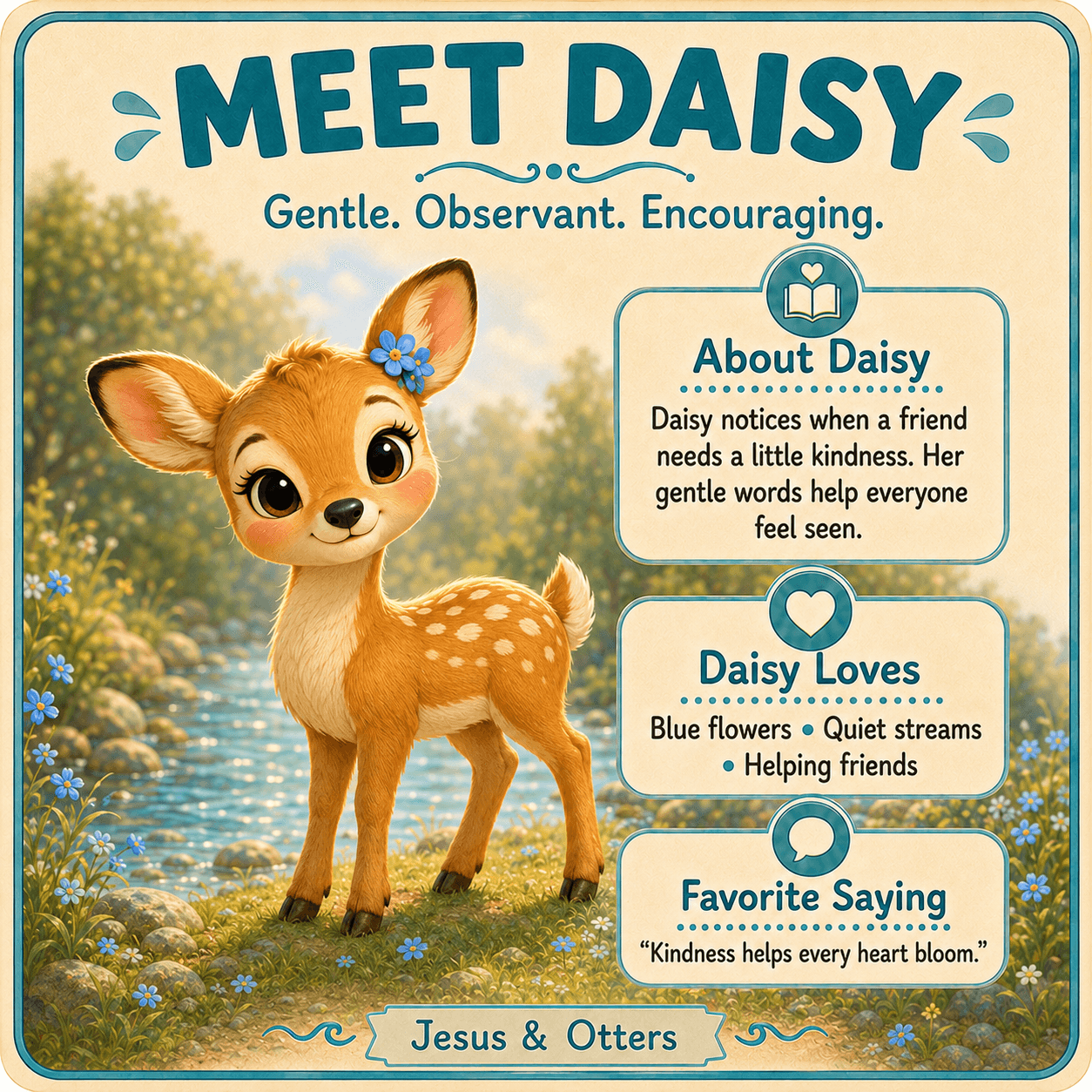 Cute cartoon fawn named Daisy in a sunny forest with text panels describing her personality.