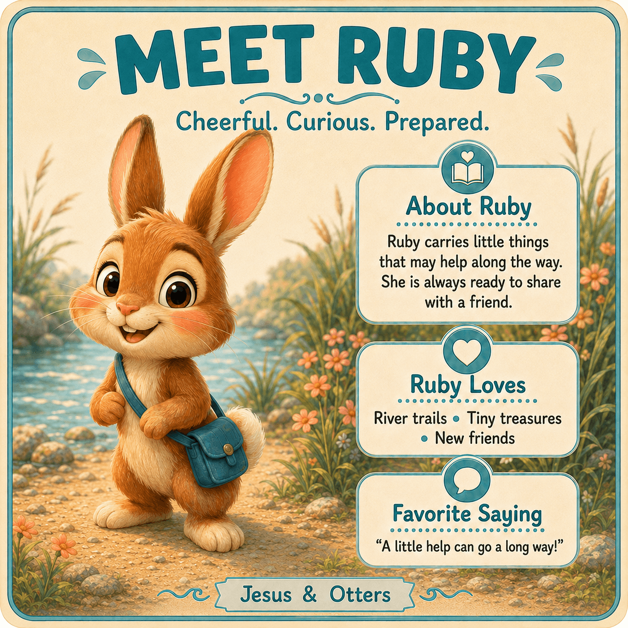 Cheerful brown rabbit named Ruby wearing a blue satchel, with text detailing her character profile.
