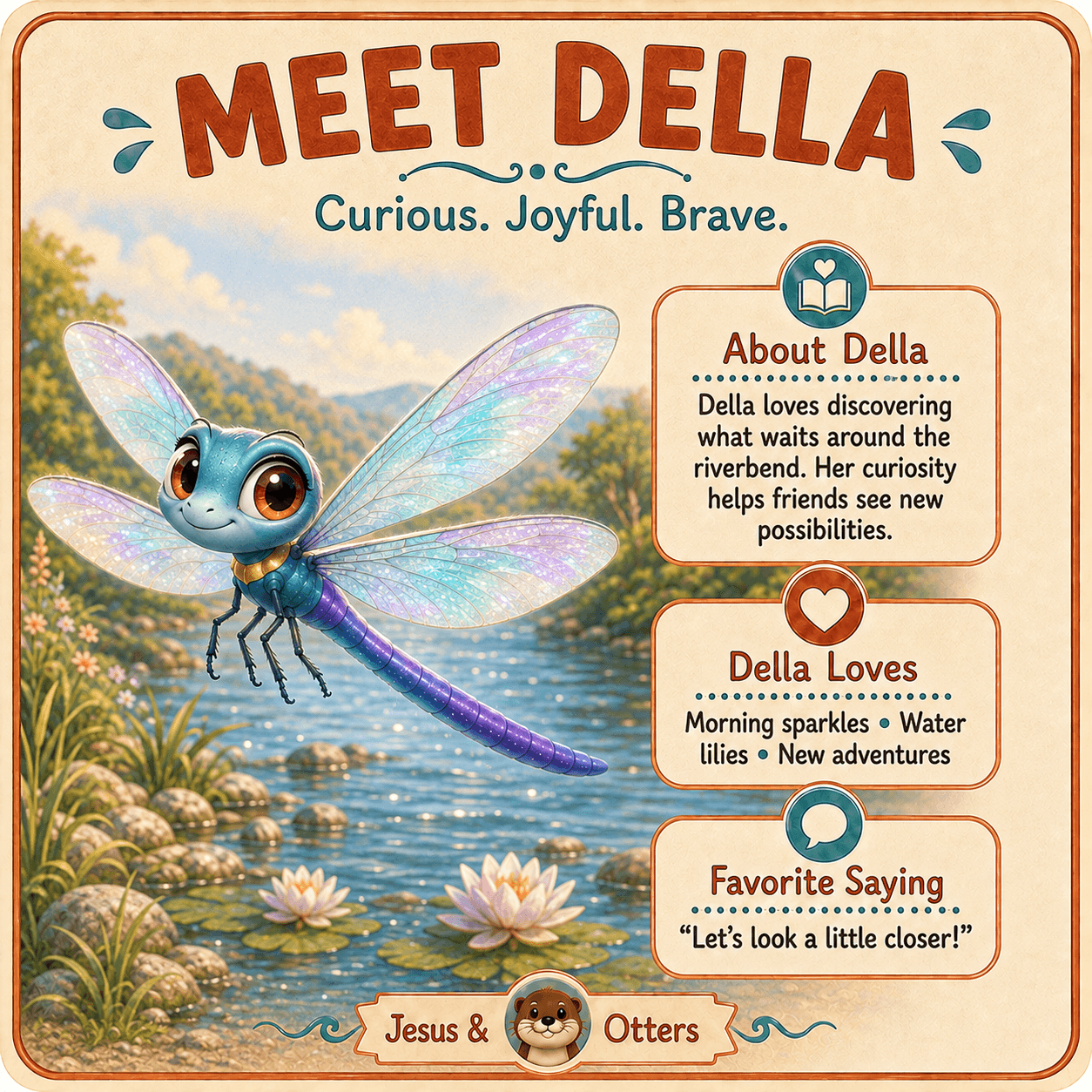 Blue dragonfly named Della with iridescent wings flying over a river with character information.
