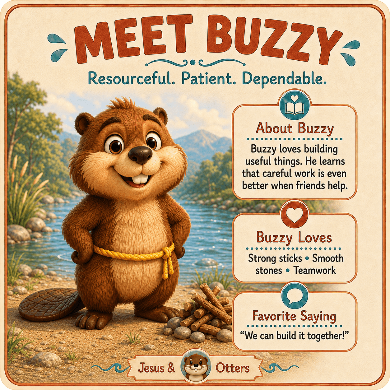 Cartoon beaver named Buzzy by a river with text describing his resourceful and dependable nature.