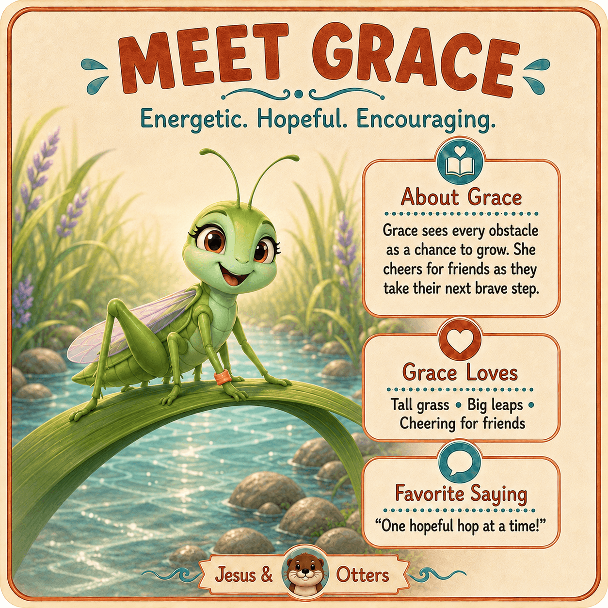 Character profile for Grace, a cheerful green grasshopper, with text boxes highlighting her positive traits.