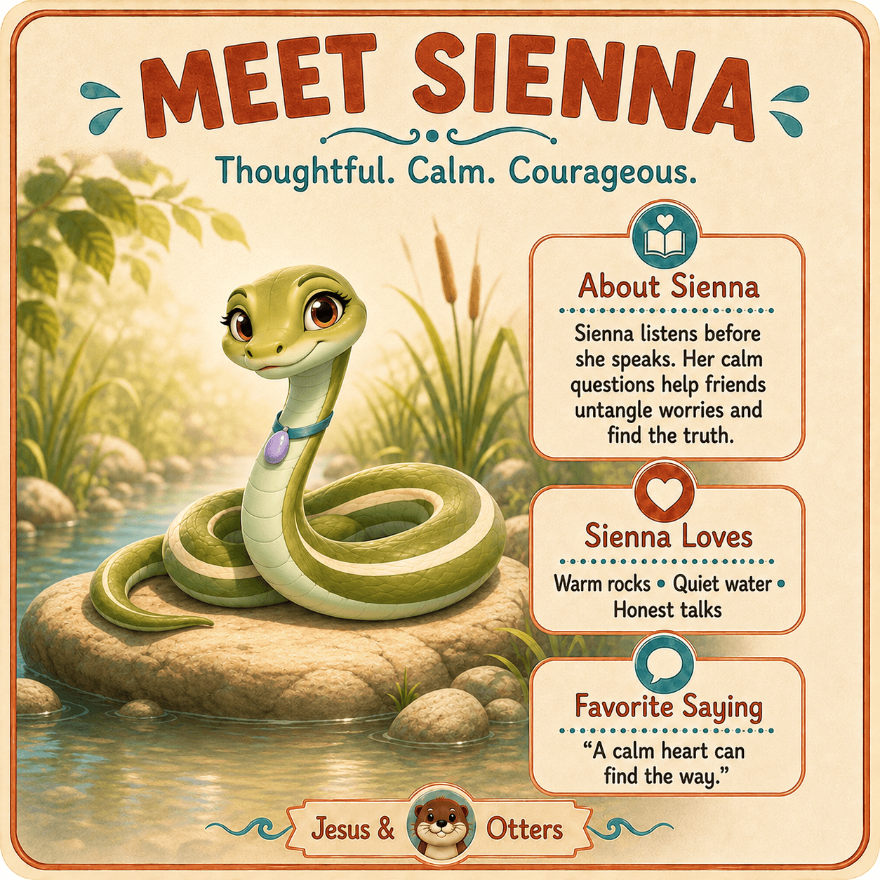 Friendly green snake Sienna on a rock with text boxes detailing her thoughtful, calm personality.