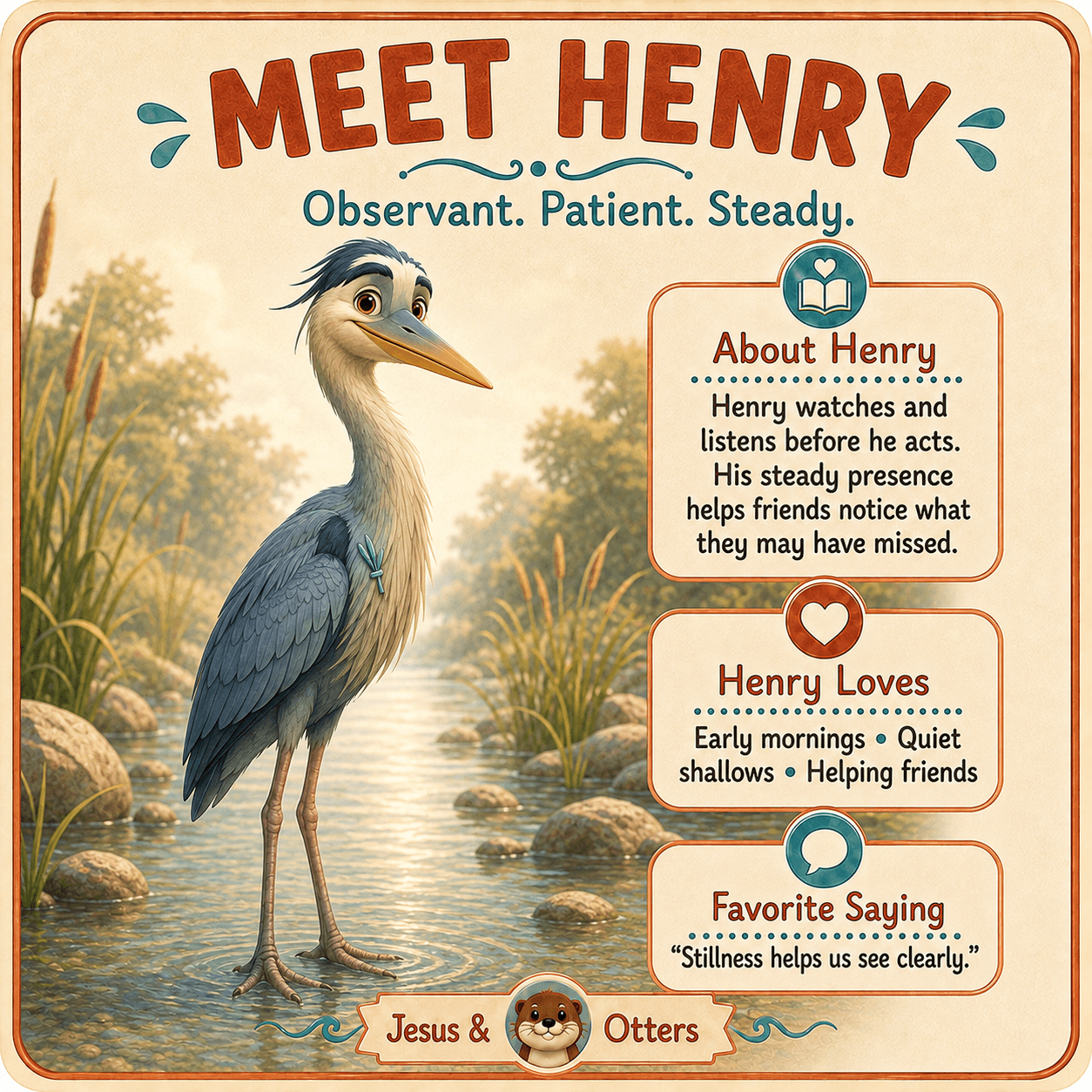 Illustrated profile of Henry the heron standing in a stream with descriptive text boxes.