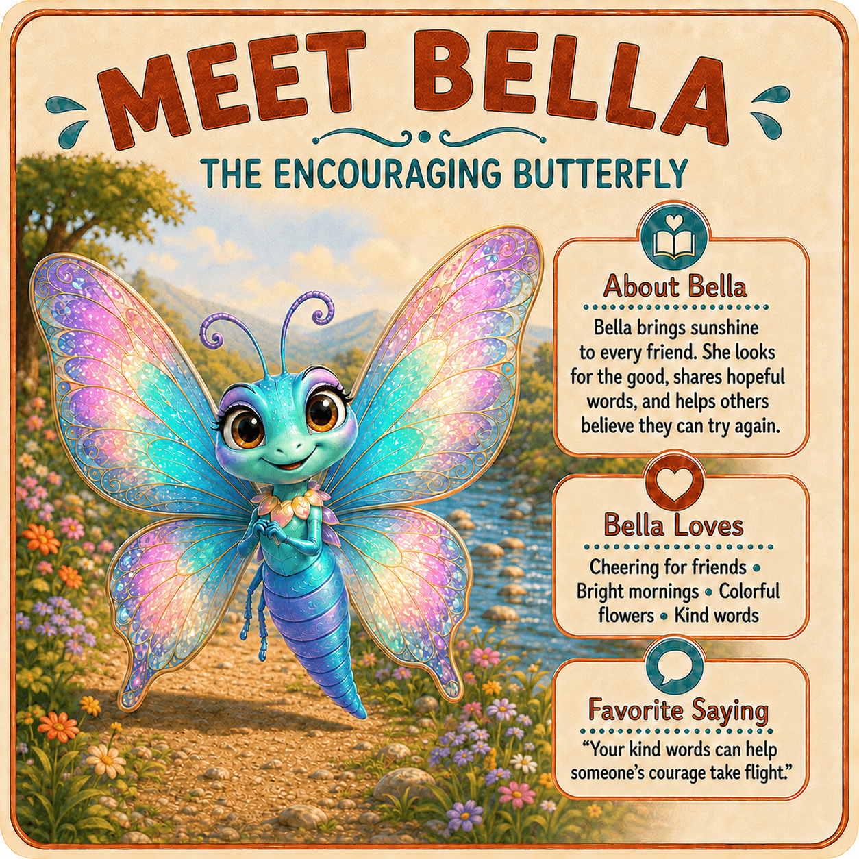 Informational card featuring Bella, a cheerful butterfly with iridescent wings, in a flowery landscape.
