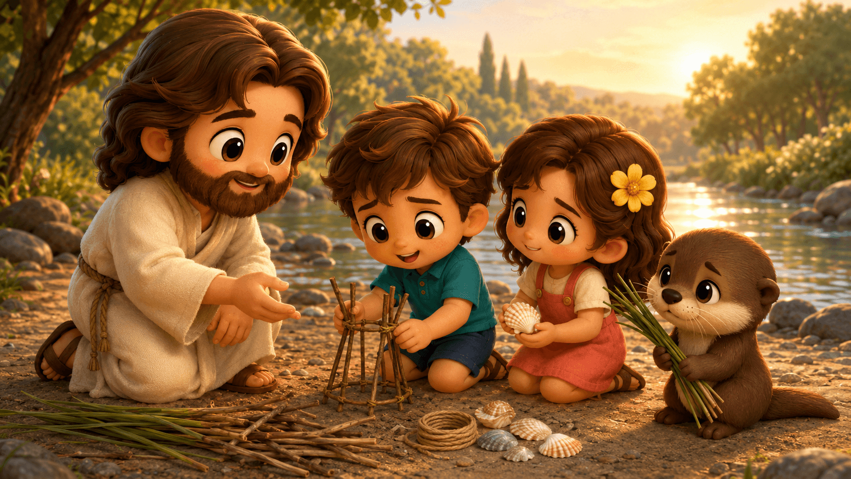 Jesus and two children building with sticks and shells by a river with an otter.