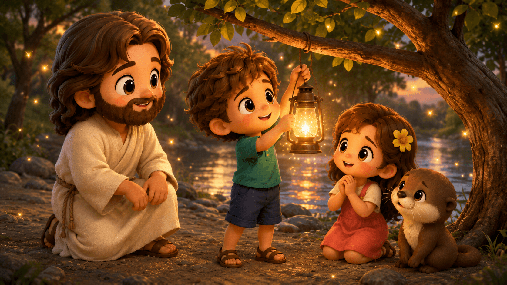 Animated Jesus and children with a small otter gather around a glowing lantern at sunset.