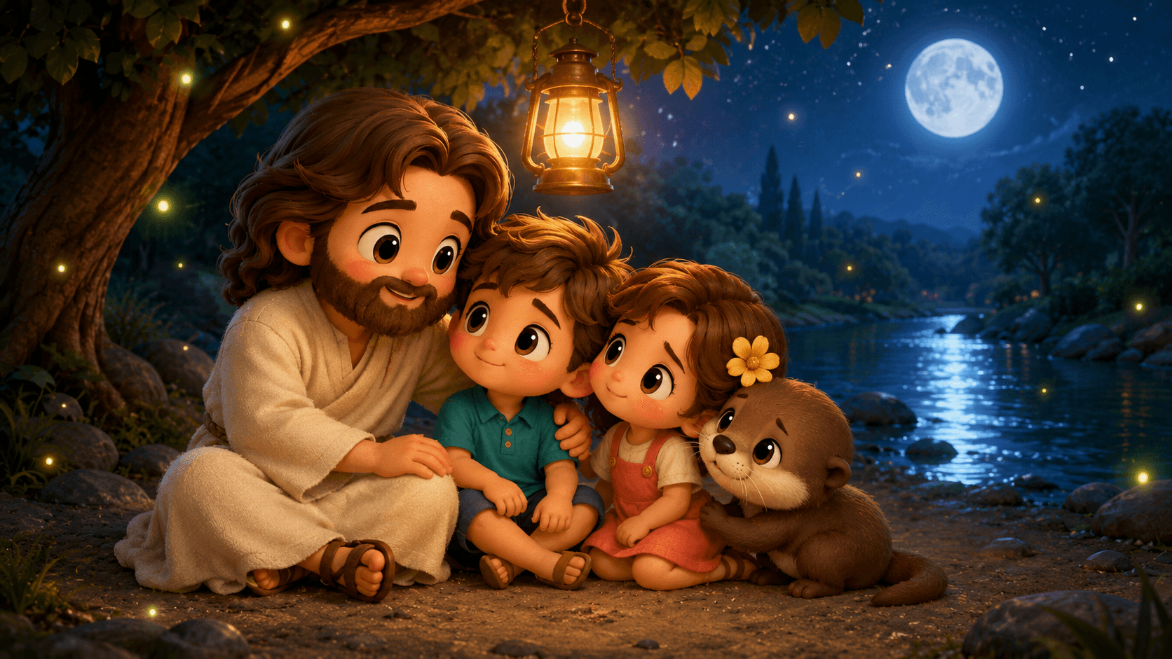 3D animated Jesus sits with two children and an otter by a moonlit river.