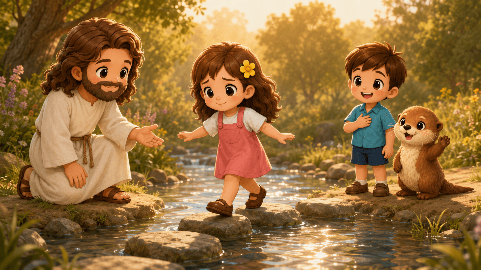 Jesus helps a girl cross a stream on stepping stones in a bright, sunlit forest.