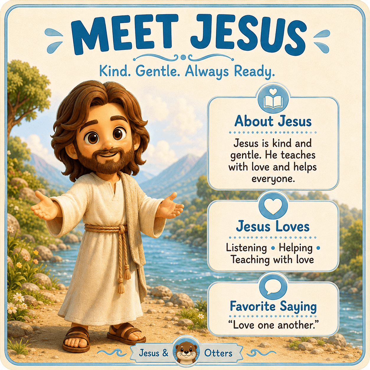 Friendly cartoon Jesus with open arms in a scenic landscape, featuring text about his kind character.
