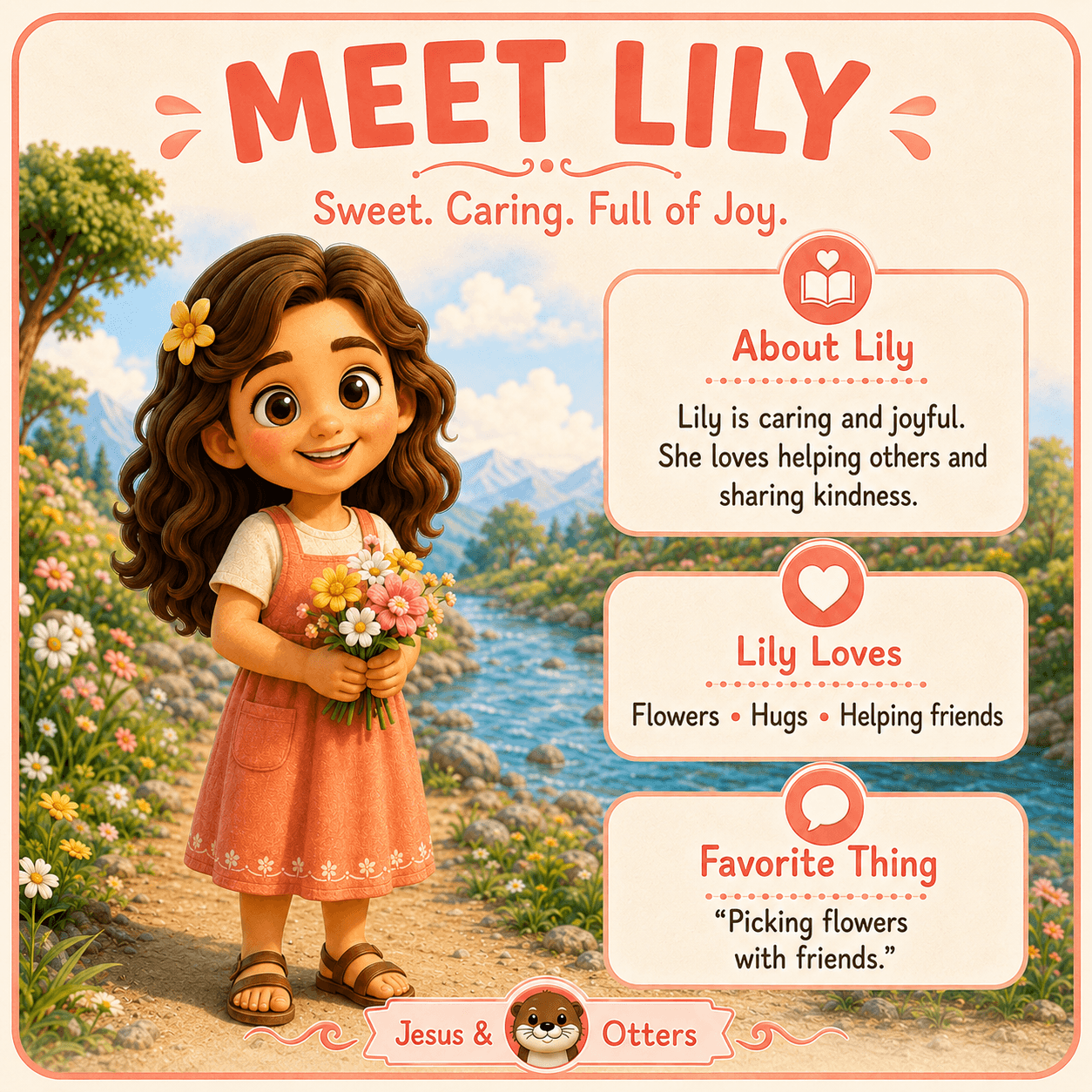 Cartoon girl Lily holding flowers by a river, with text boxes detailing her joyful character.