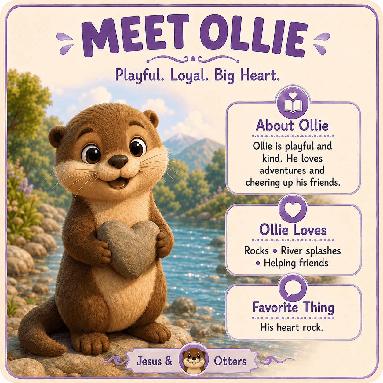 Cute otter named Ollie holding a heart rock beside text describing his playful personality.