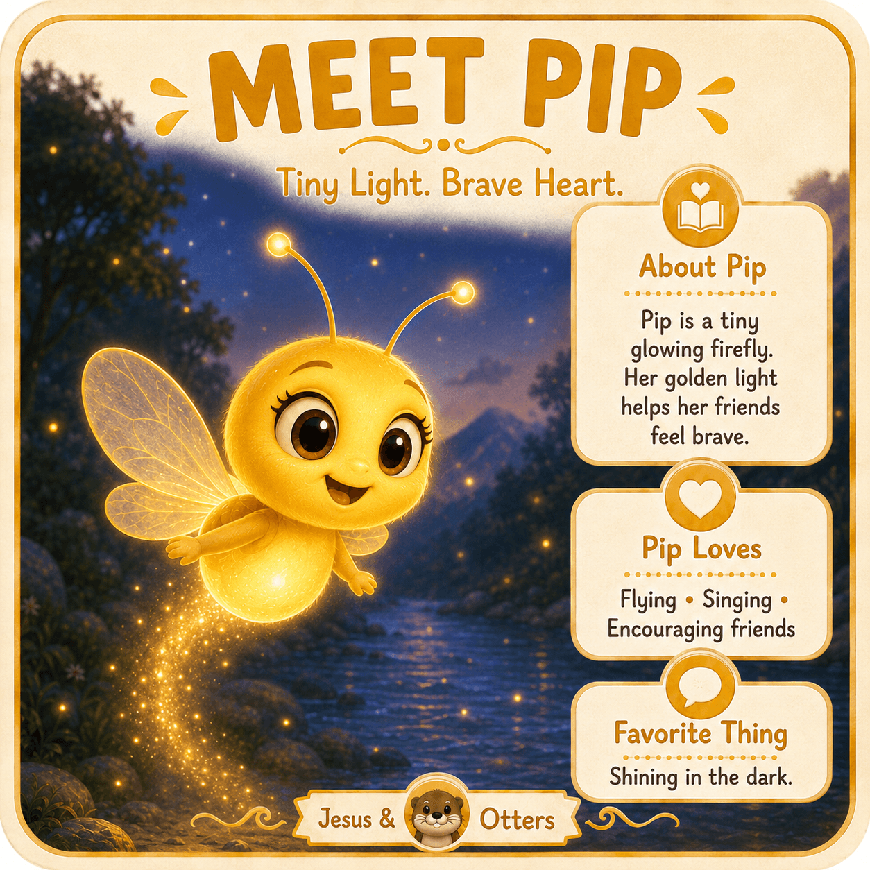 Cute glowing yellow firefly named Pip flying over a river at night with character details.