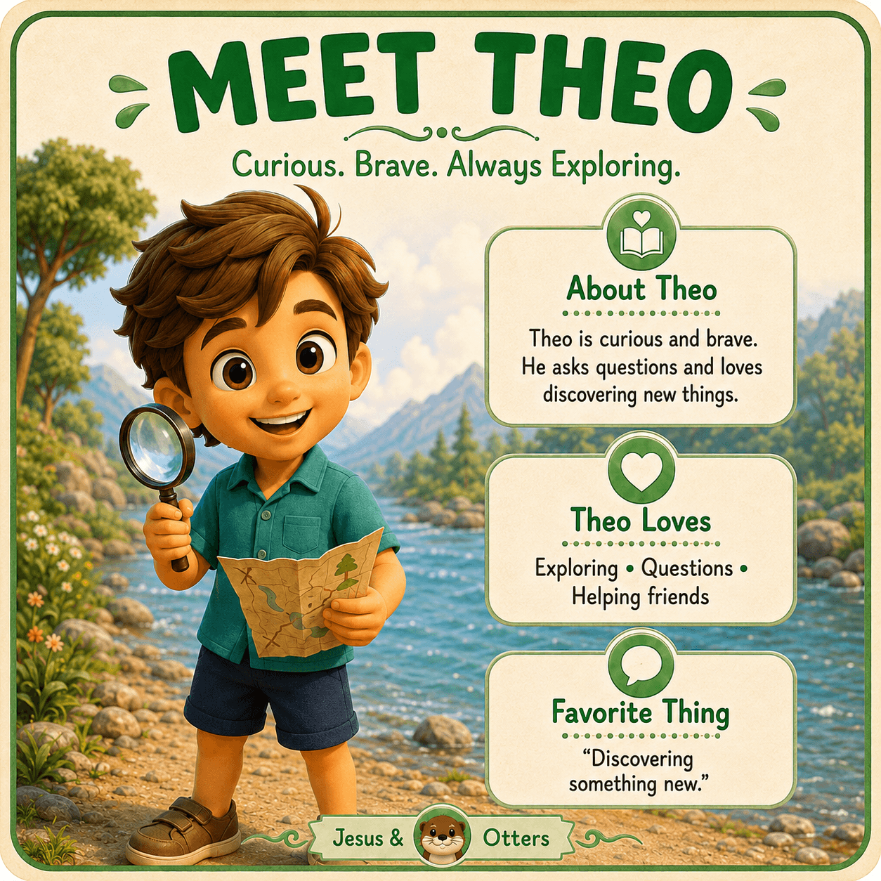 Adventurous cartoon boy Theo holds a magnifying glass and map in a scenic nature setting.