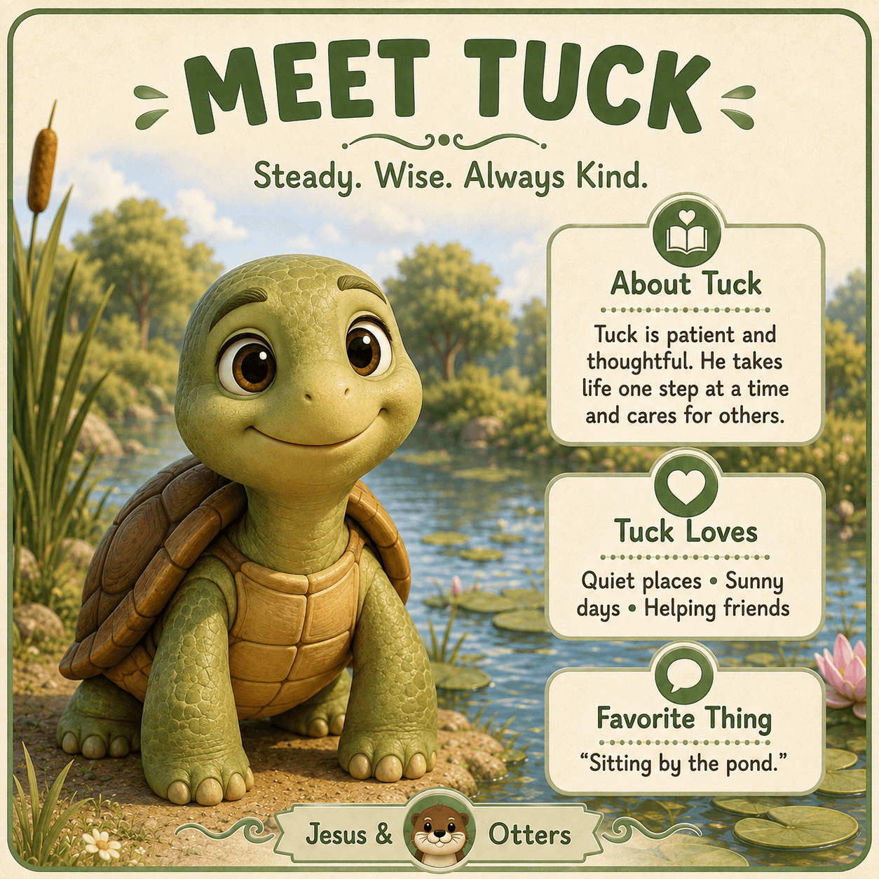 Smiling cartoon turtle Tuck by a pond with text boxes describing his kind personality.