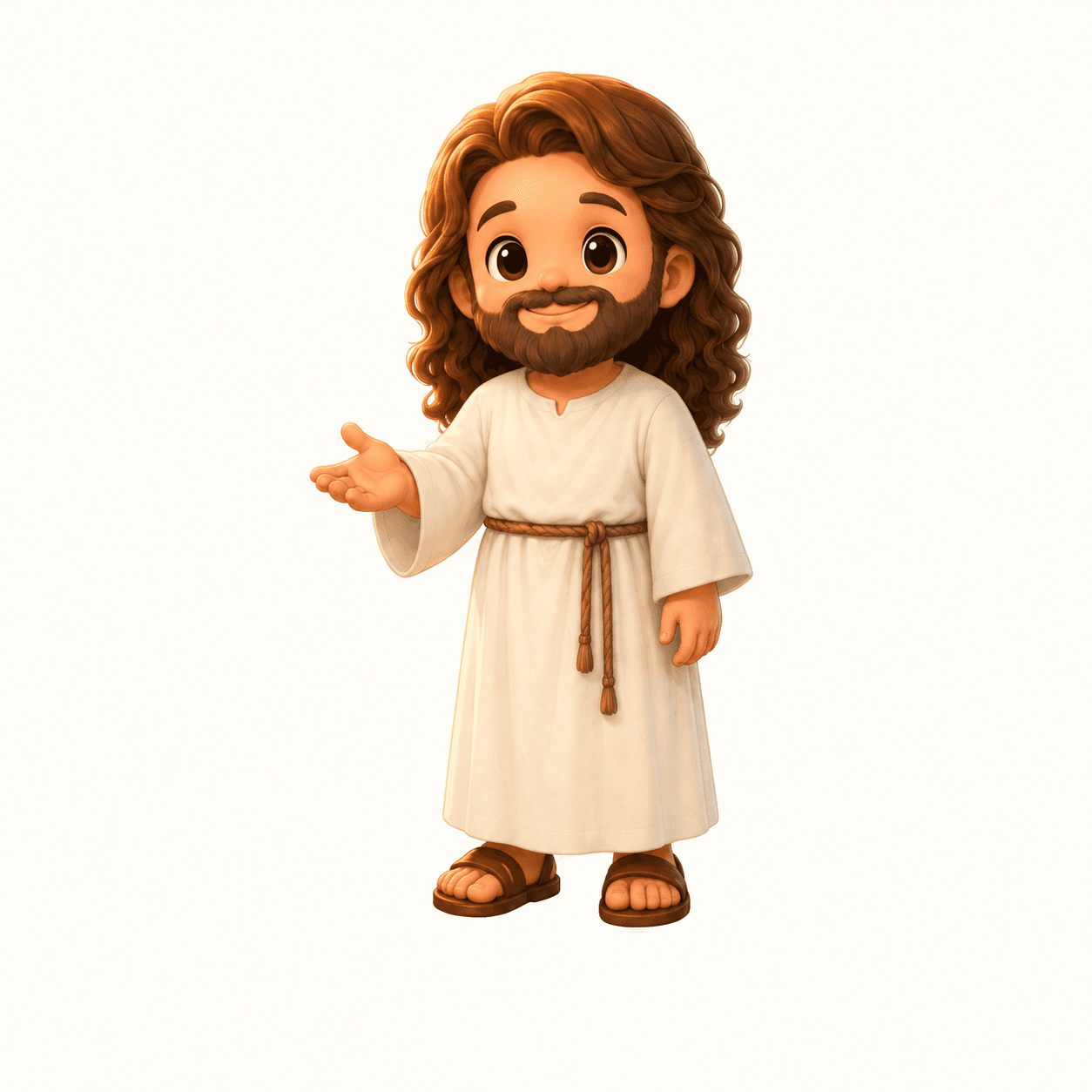 Friendly 3D cartoon Jesus with curly brown hair, wearing a white robe, gesturing welcome.
