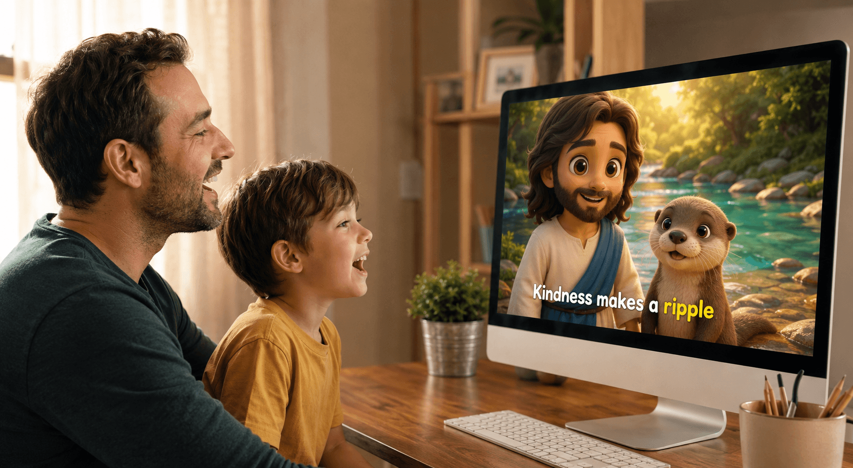 A father and son watch a cartoon about kindness featuring Jesus and an otter.