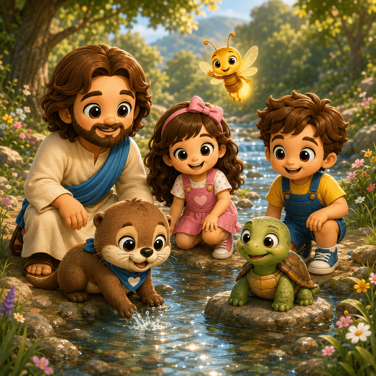 Cartoon Jesus and children smile at an otter and turtle by a sunny forest stream.