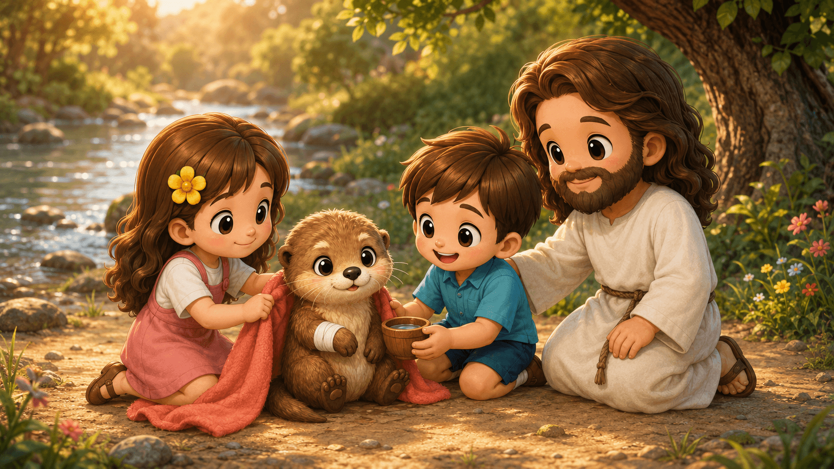Jesus and two children tenderly care for an injured otter near a sunlit riverbank.