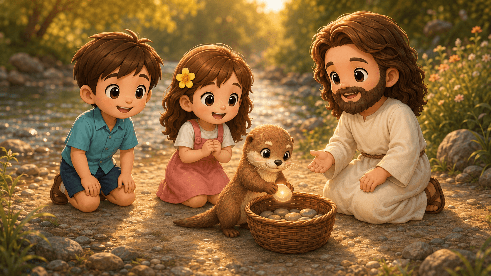 Cartoon Jesus and two children smiling as an otter holds a glowing stone by a river.