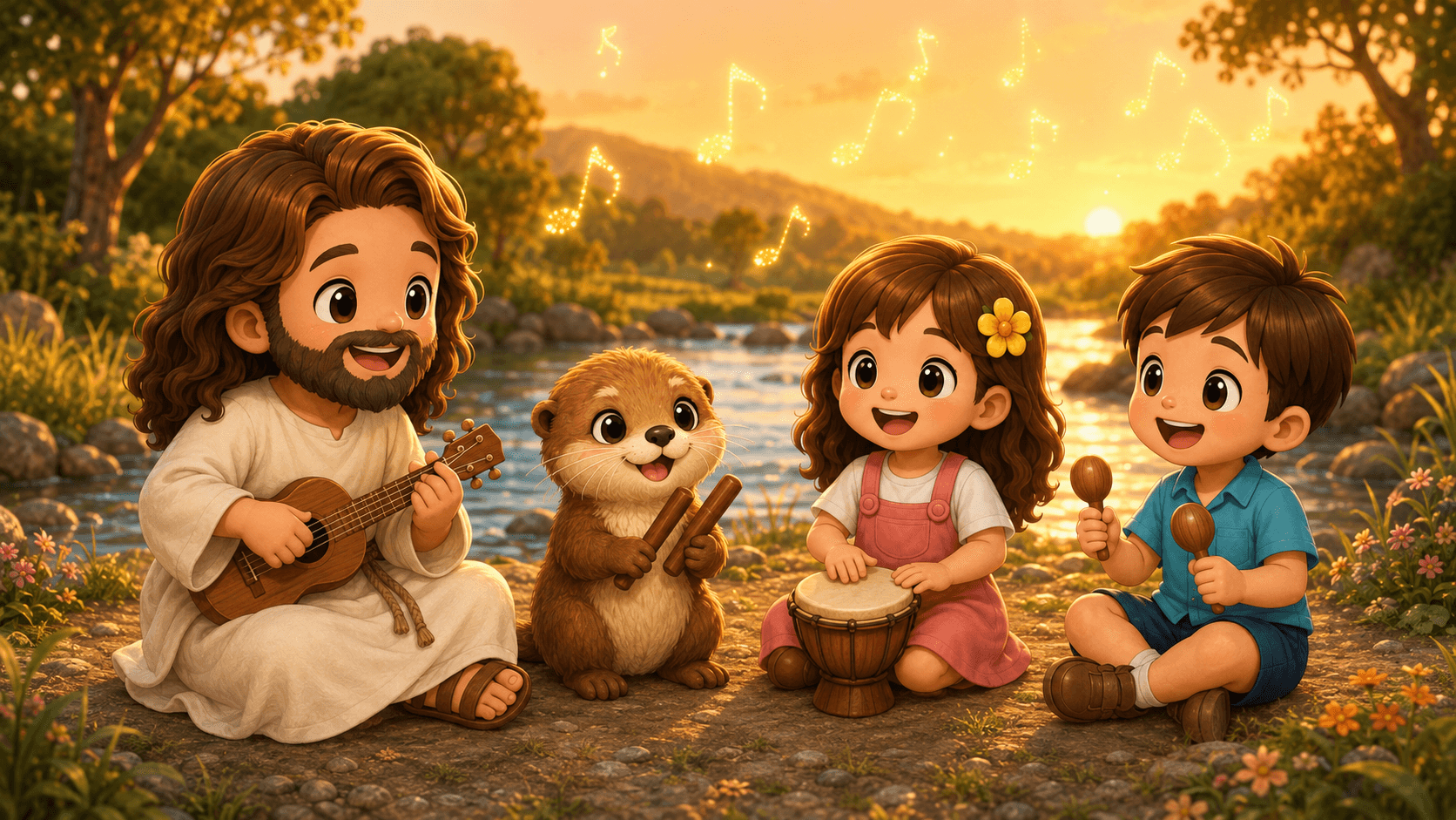 Cartoon Jesus, two children, and an otter play music by a river at sunset.