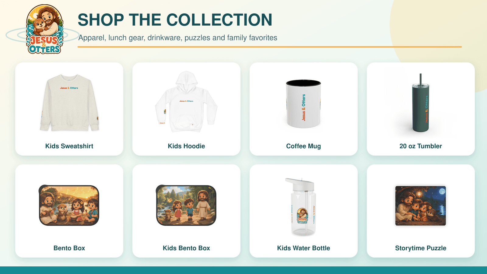 Jesus & Otters merchandise collection featuring kids' apparel, drinkware, bento boxes, and a storytime puzzle.