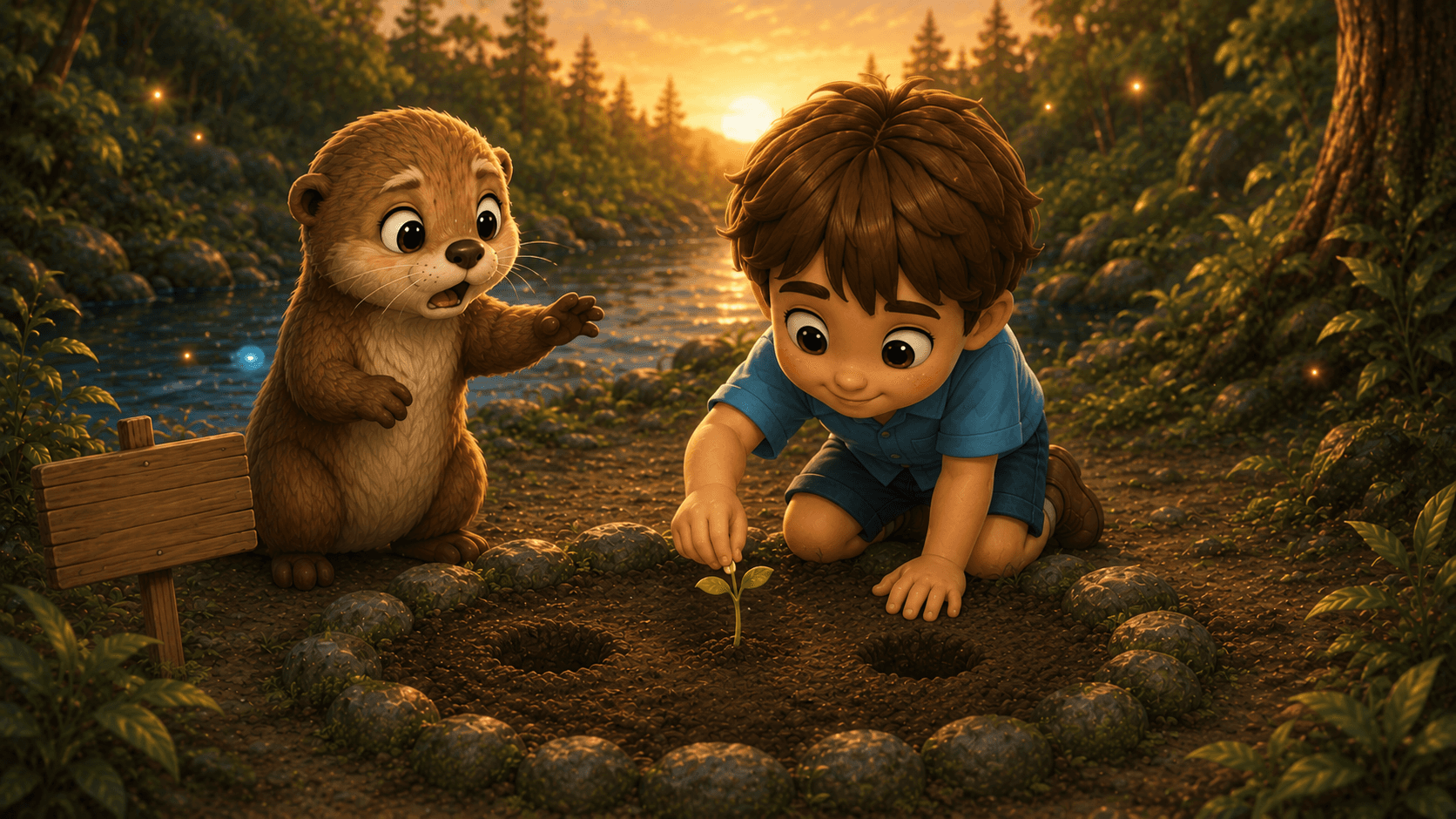 Young boy planting a sprout in a stone circle beside a surprised otter at sunset.