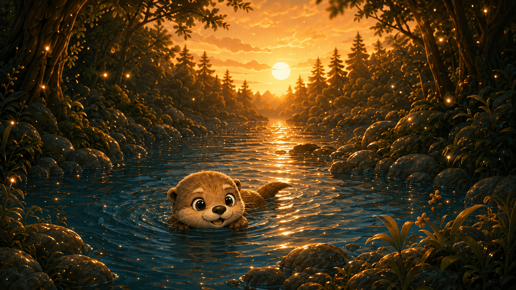 Cute otter swimming in a sparkling river during a golden sunset in a magical forest.