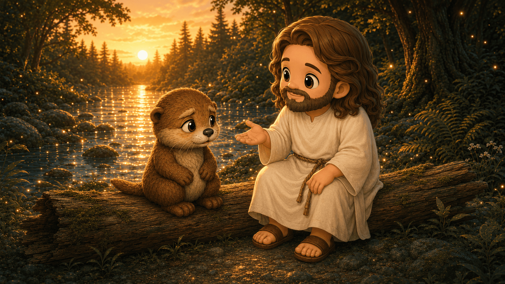 Cartoon Jesus and a cute otter sitting on a log by a glowing sunset river.