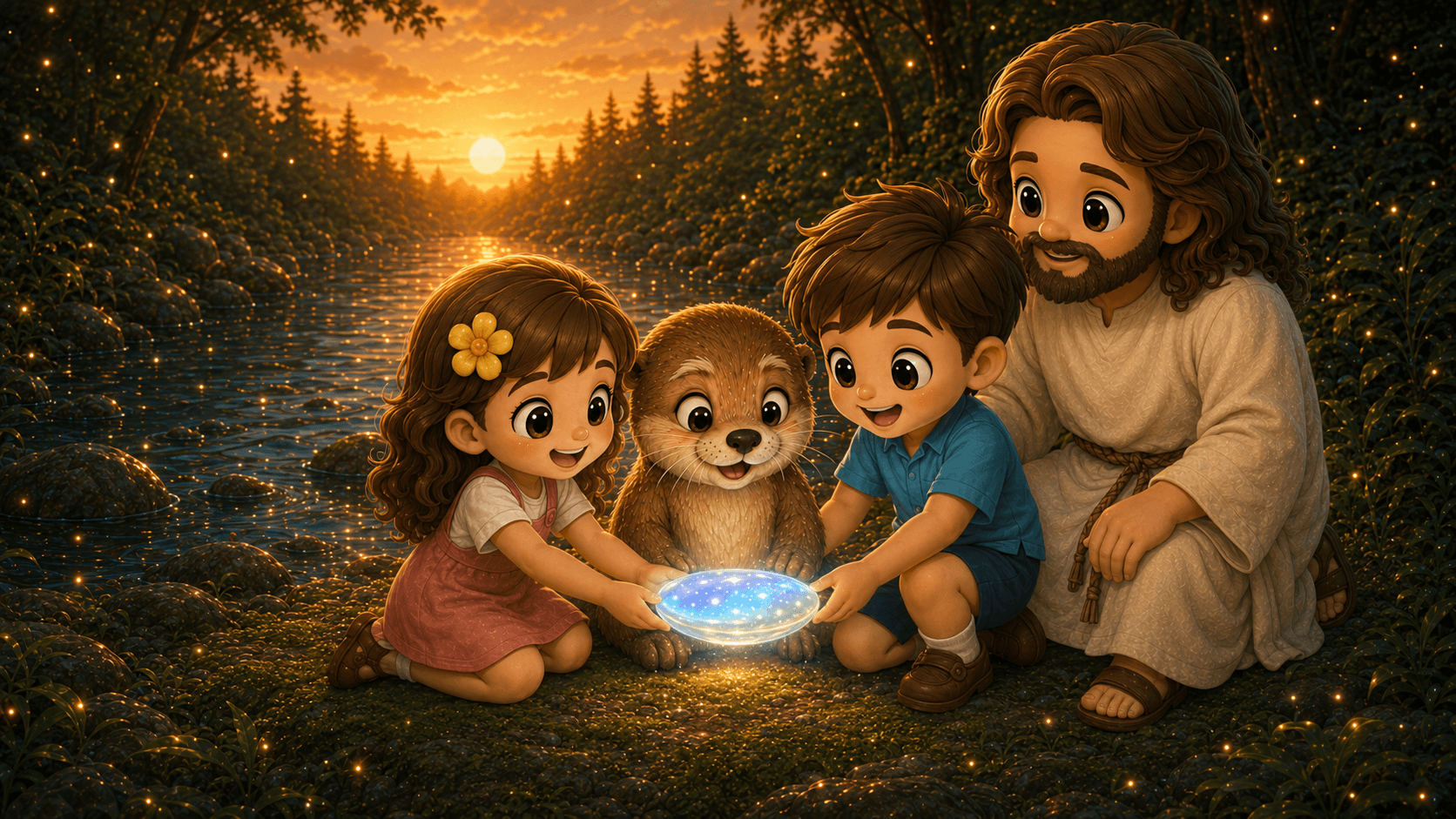 Jesus, two children, and an otter hold a glowing bowl in a magical sunset forest.