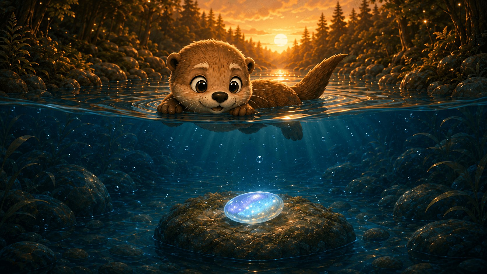 Cute otter swims in a sunset forest, gazing at a glowing blue stone underwater.