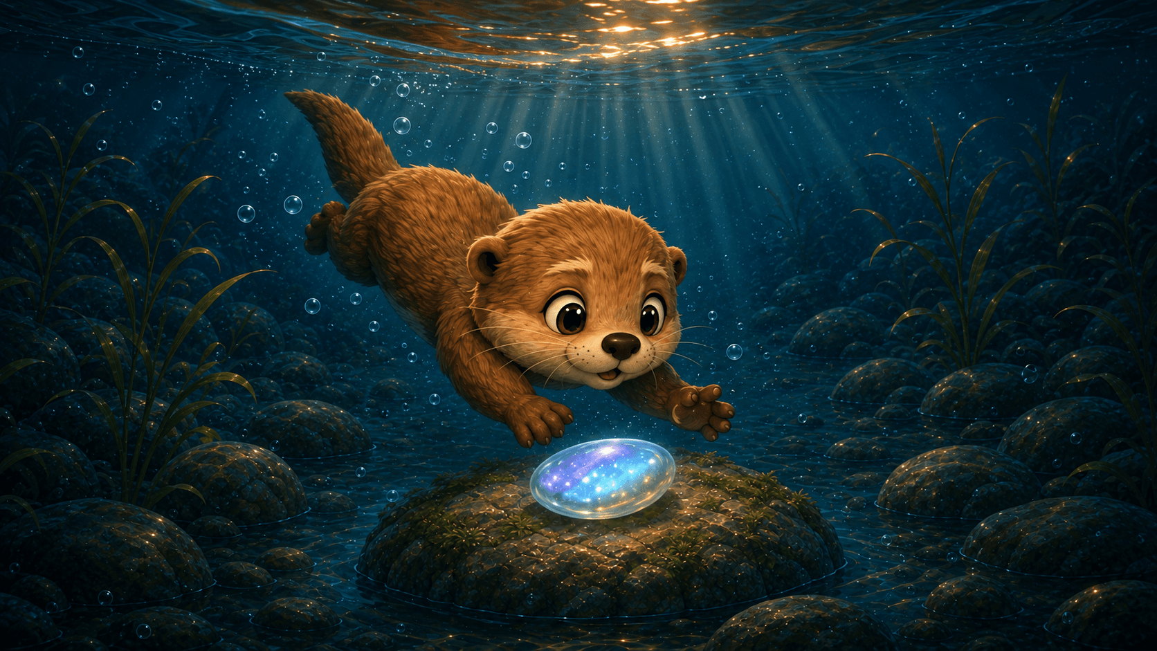 Cute otter swimming underwater towards a glowing, magical blue egg on a mossy rock.