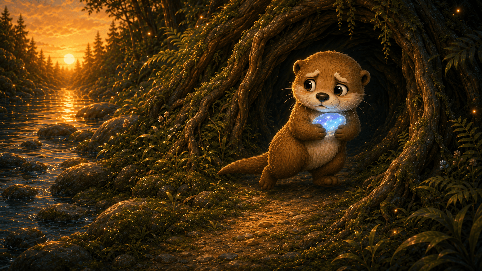 Sad-eyed otter holding a glowing blue sphere in a magical forest during a golden sunset.