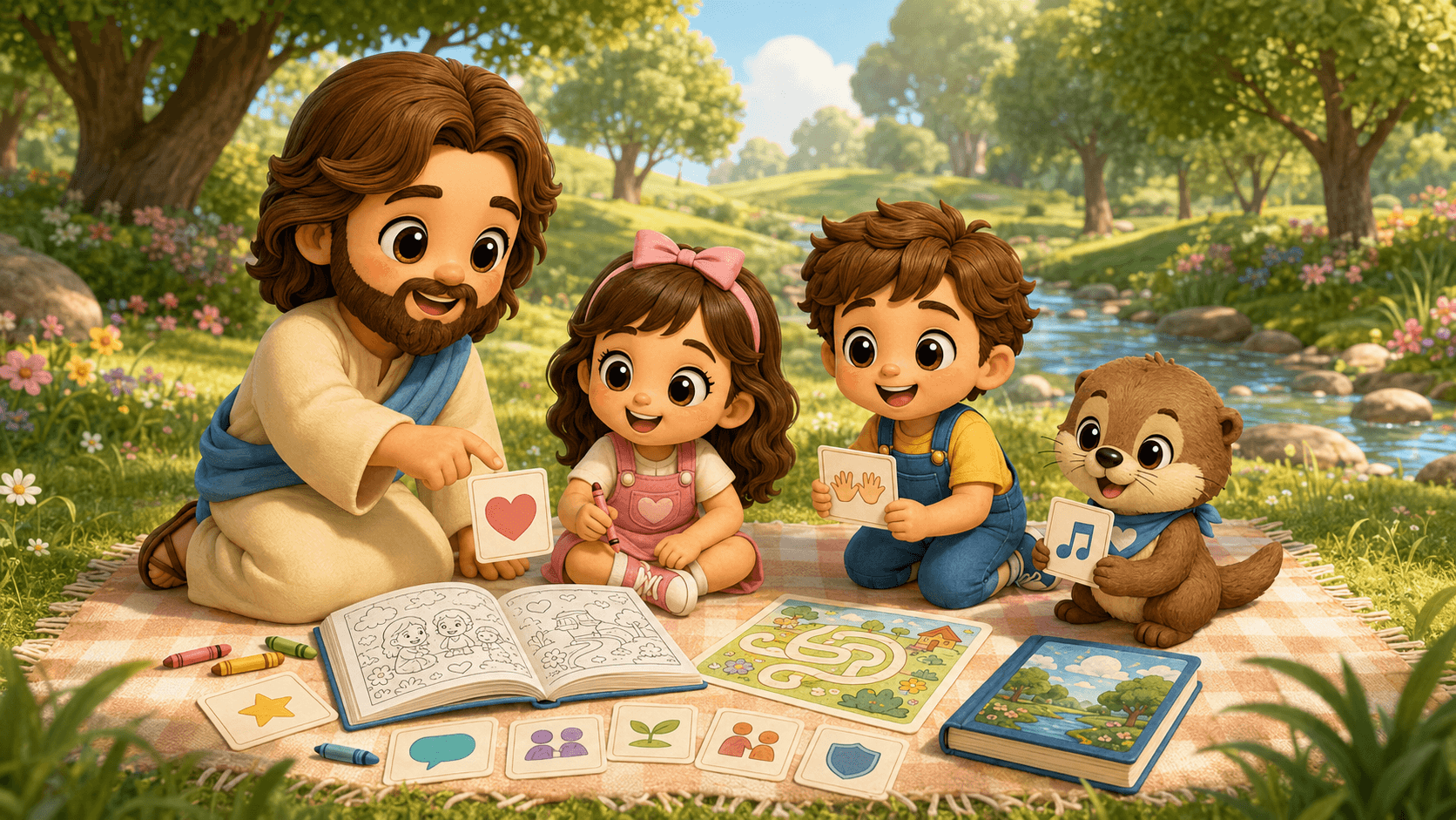 Cartoon Jesus, two children, and an otter play with educational cards on a picnic blanket.