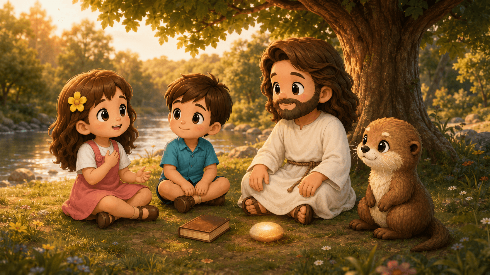 Cartoon Jesus, two children, and an otter sit peacefully under a tree by a river.