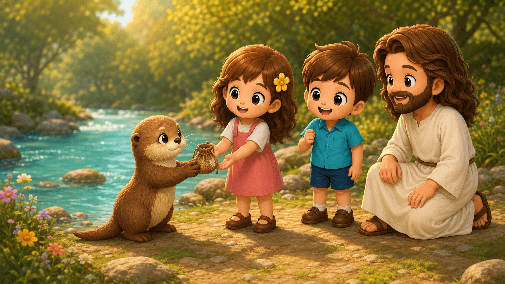 Cartoon Jesus and two children watch a girl give a pouch to an otter.