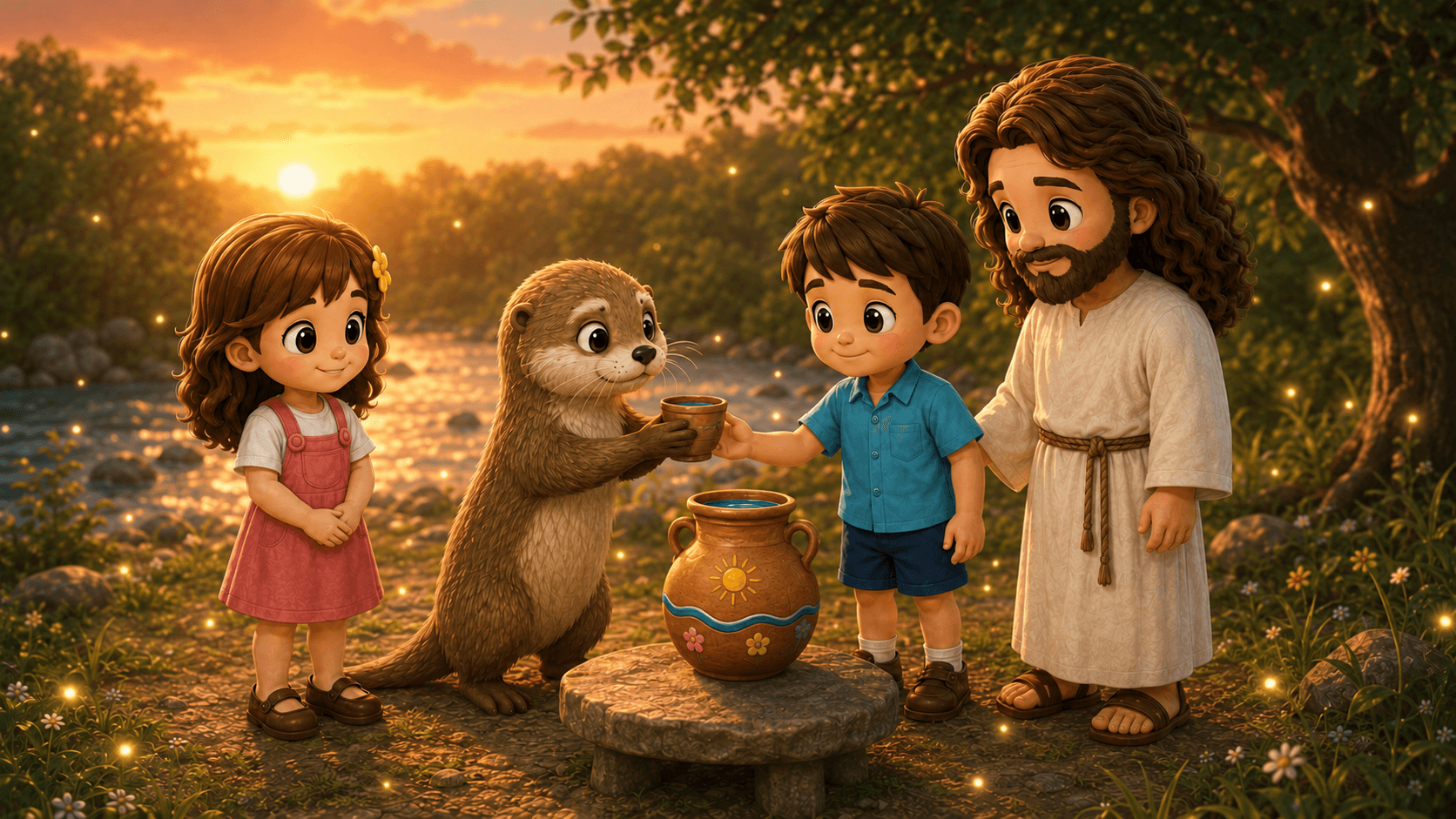 Jesus and children share water with a friendly otter by a river at golden sunset.
